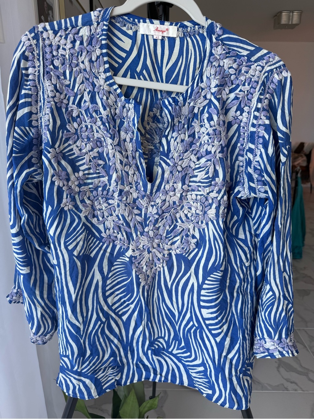 Amaya Blue White Embroidered Tunic Top EU 42 Boho Resort